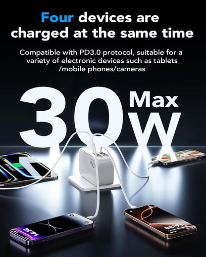 4-in-1 Retractable Gan Wall Charger Plug,Travel Essentials Brick Multiport USB Ports,3ft Lightening and Type C Cables,40W Multi Fast Charging Foldable Block for iPhone 16/15/14/13,iPad,Galaxy,Pixel