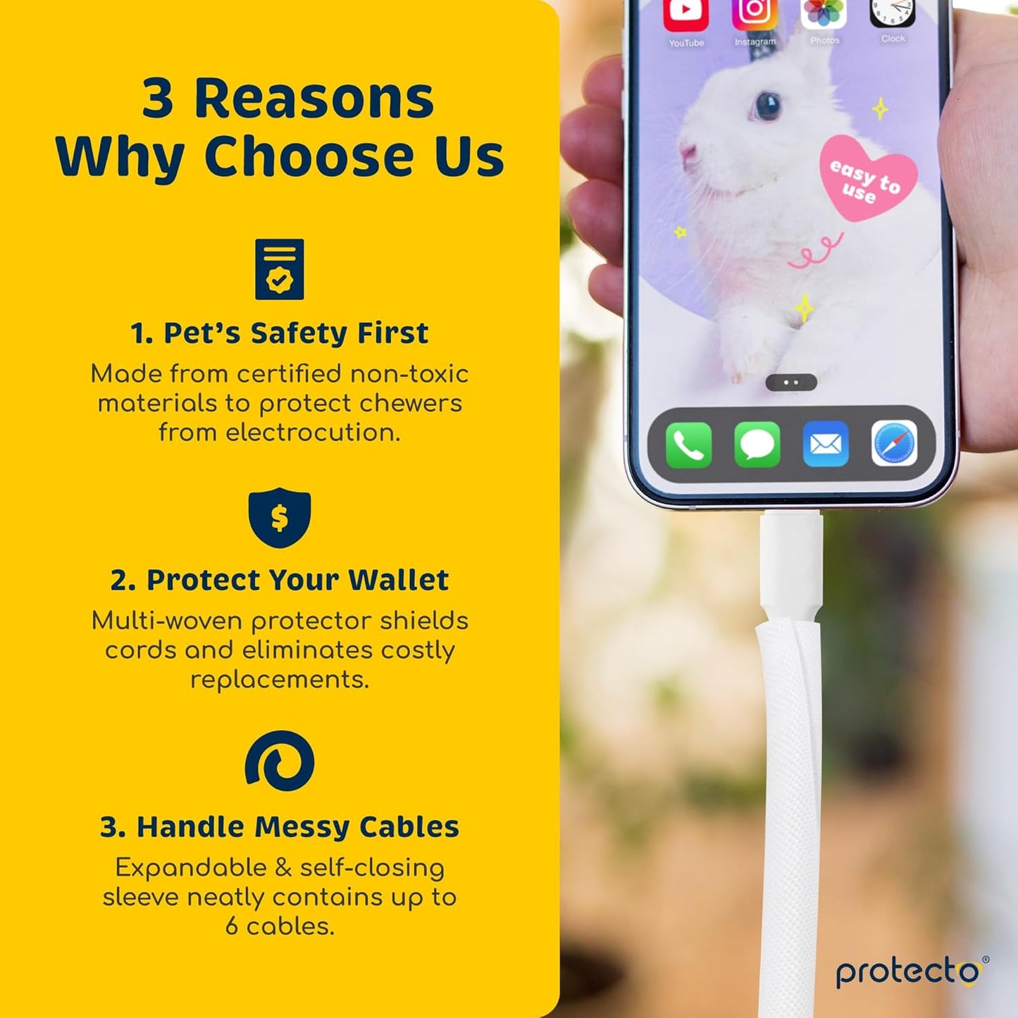 PROTECTO Heavy Duty Dog & Cat Cord Protector 10ft Easy-to-Use Critter Cord Cover for Pet Clear Odorless White Color Cord Protectors from Pets No Chew Solution Power Audio & Video Wire Protector Tubing