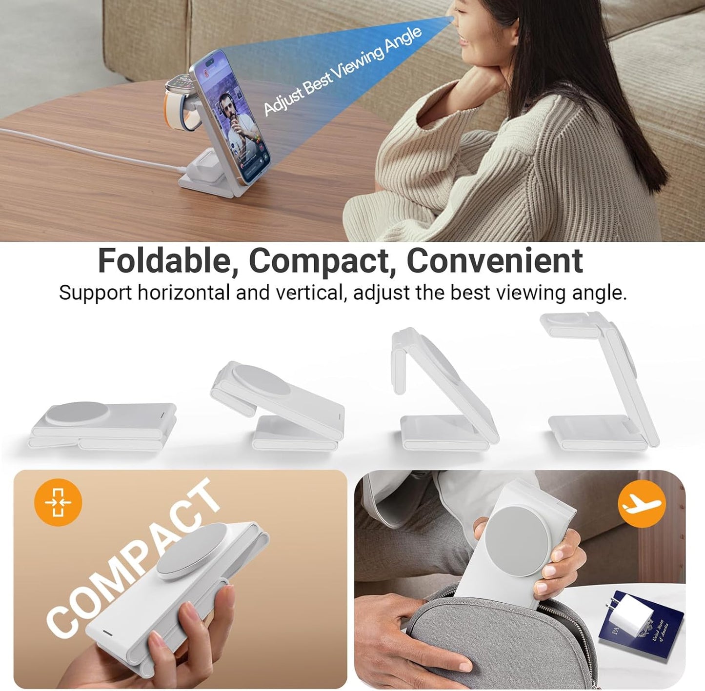Foldable 3 in 1 Charging Station for Multiple Devices, Travel Wireless Charger for MagSafe Charger Stand, Magnetic Charging Stand for iPhone 16/15/14/13/12 for iWatch AirPods Pure White