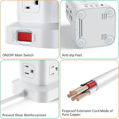 PD20W Power Strip Tower Surge Protector,16.5FT Extension Cord,Power Strip with USB 12 Outlets with 4 USB Ports (1 USB C), Flat Plug Multi Plug Outlet Extender Overload Protection for Home Office