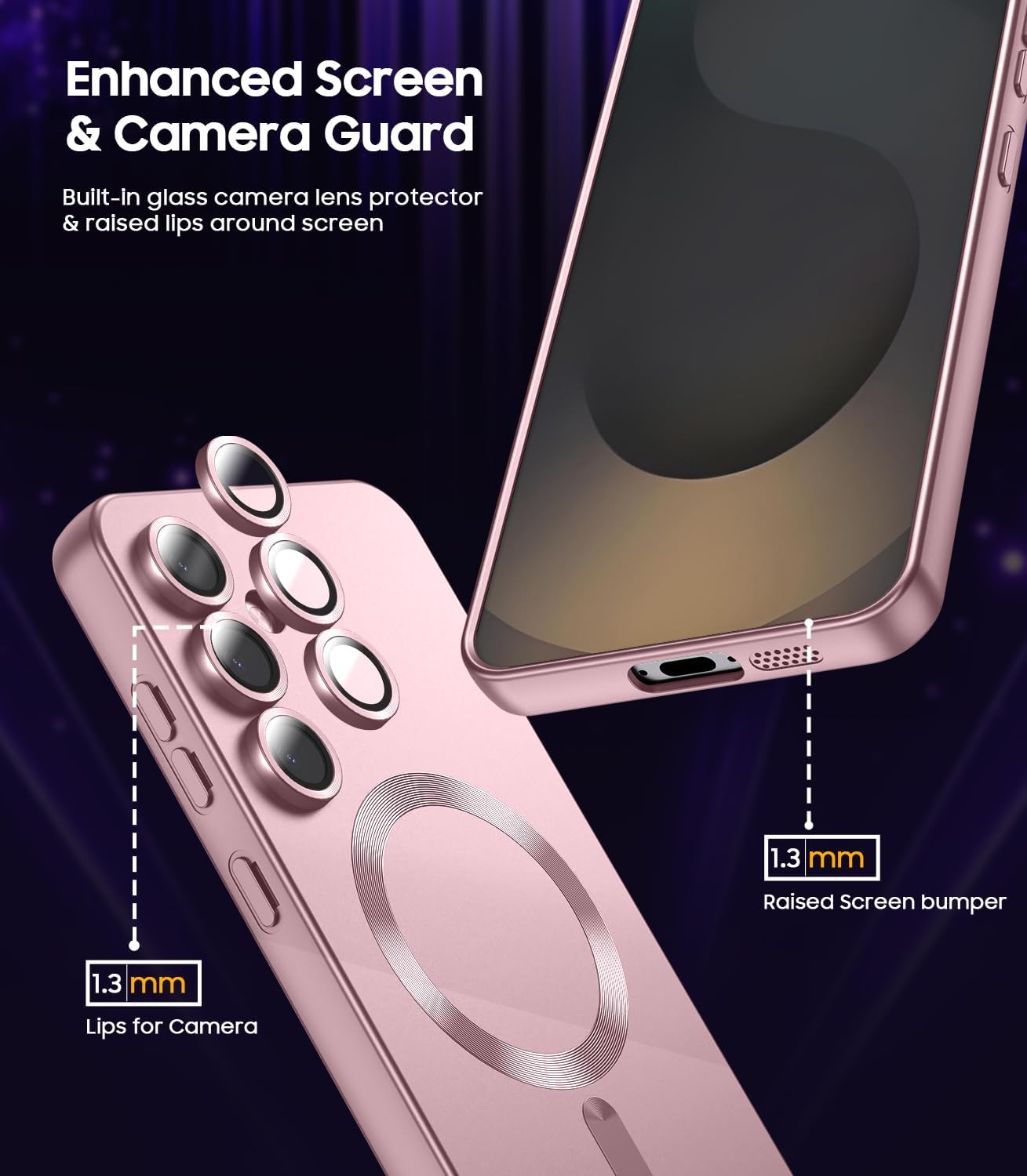 Magnetic for Samsung Galaxy S25 Case [Compatible with MagSafe][Built-in Camera Lens Protector] Slim Soft Silicone Bumper Shockproof Metallic Luster Phone Case (Rose Gold)