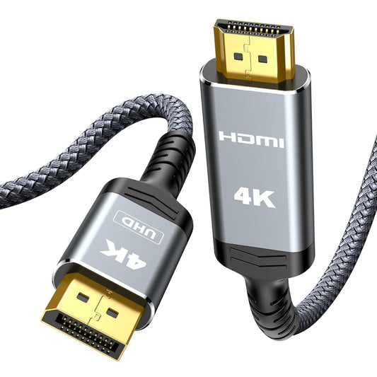 Highwings 4K DisplayPort to HDMI, 15ft Uni-Directional DP (Source) to HDMI (Display) 1.4 Cable, 4K@30Hz, 2K@60Hz, 1080P Full HD, Braided Cord for Dell, NVIDIA, AMD, Monitor, Projector (Grey)