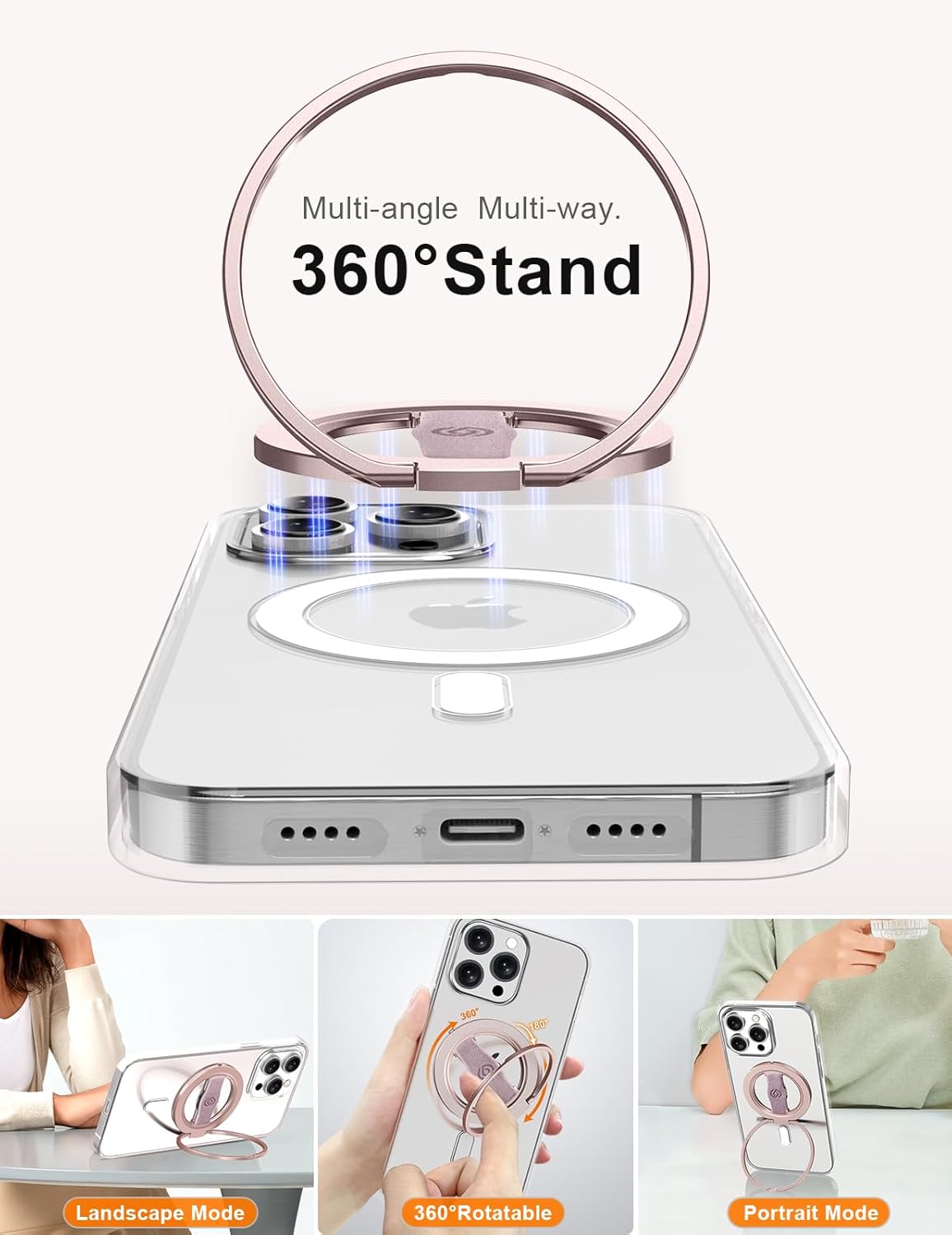 EWA MagOne 3rd Gen [Compatible with MagSafe] Phone Grip Stand with Finger Strap, Removable Magnetic Ring Holder Kickstand Loop for iPhone 16,15, 14, 13, 12 Series-(Pink)