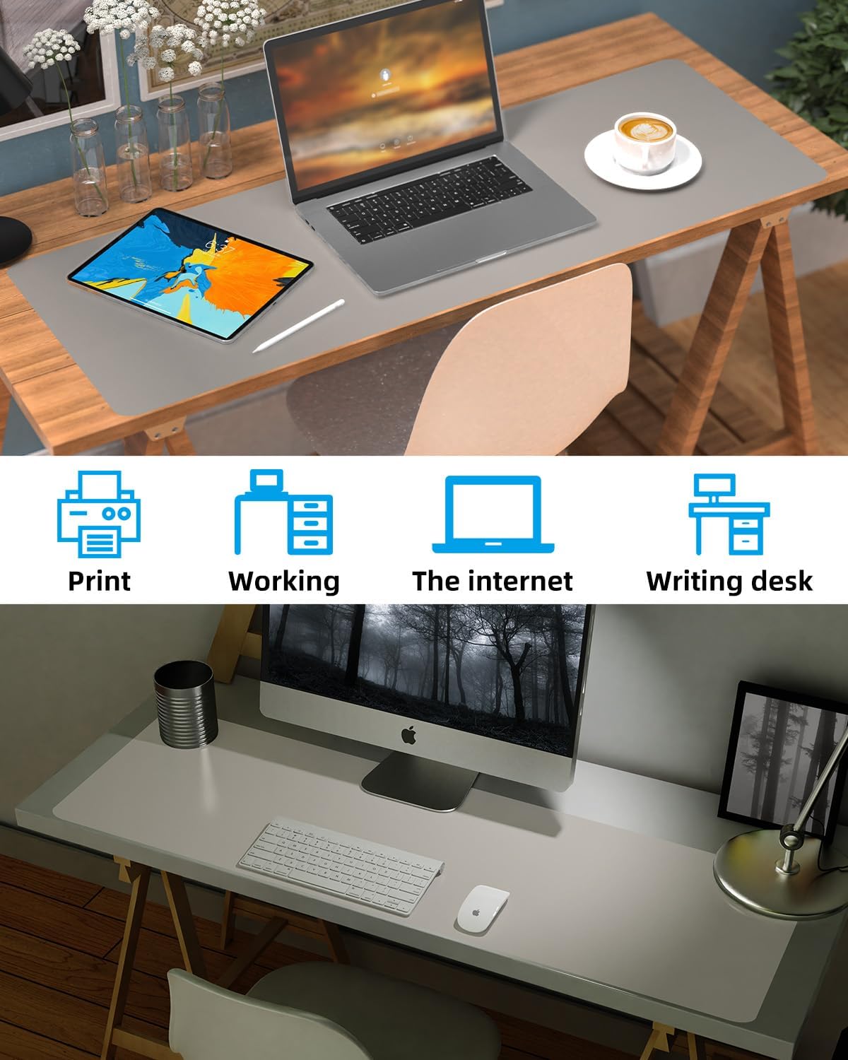 Extra Large Desk mat, Leather Desk Pad Protector,Office Desk Mat,Mouse Pad, Non-Slip Desk Blotter, Laptop Desk Pad, Waterproof Desk Writing Pad for Office&Home (Light Grye, 55" x 17")