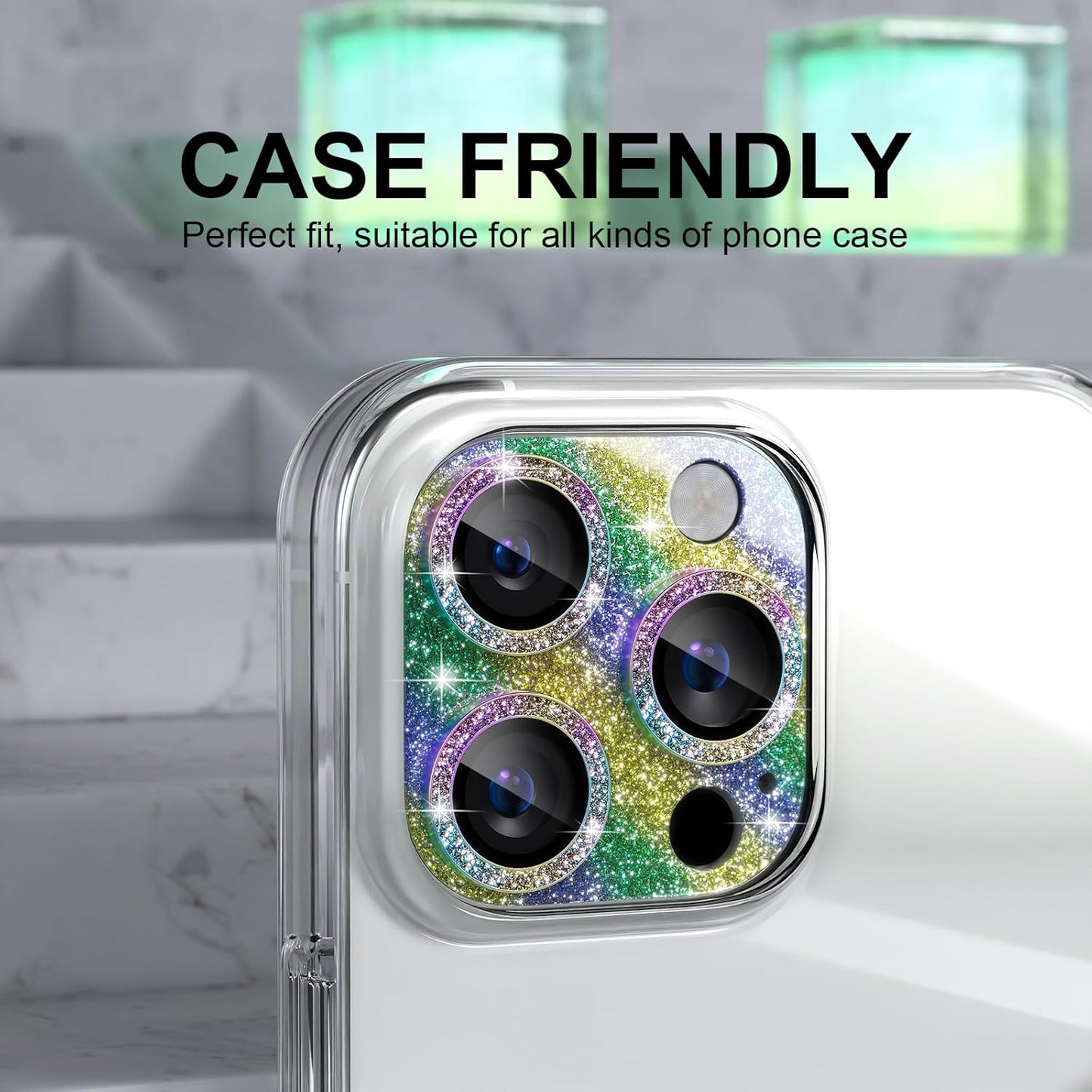 Choiche Compatible for iPhone 16 Pro/iPhone 16 Pro Max Camera Lens Protector, Bling Camera Cover with 9H Tempered Glass Lens Screen Protector Metal Ring Decoration Accessories (Glitter-Colorful)