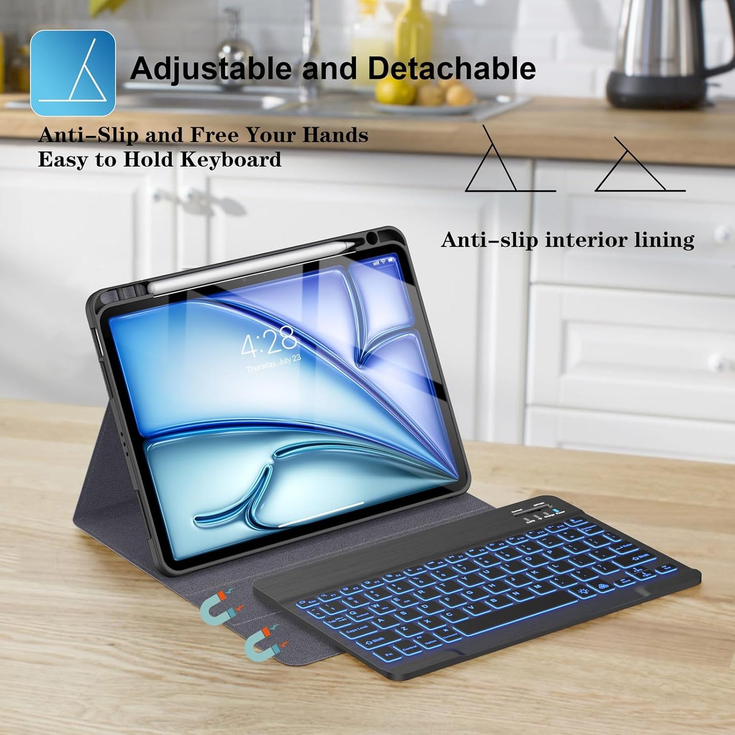 Supveco Keyboard Case for iPad Air 11 Inch (M3 2025,M2 2024),iPad Air 5th/4th Generation with Pencil Holder-7 Colors Backlit Wireless Detachable Folio Keyboard Cover with Soft TPU Back-Black