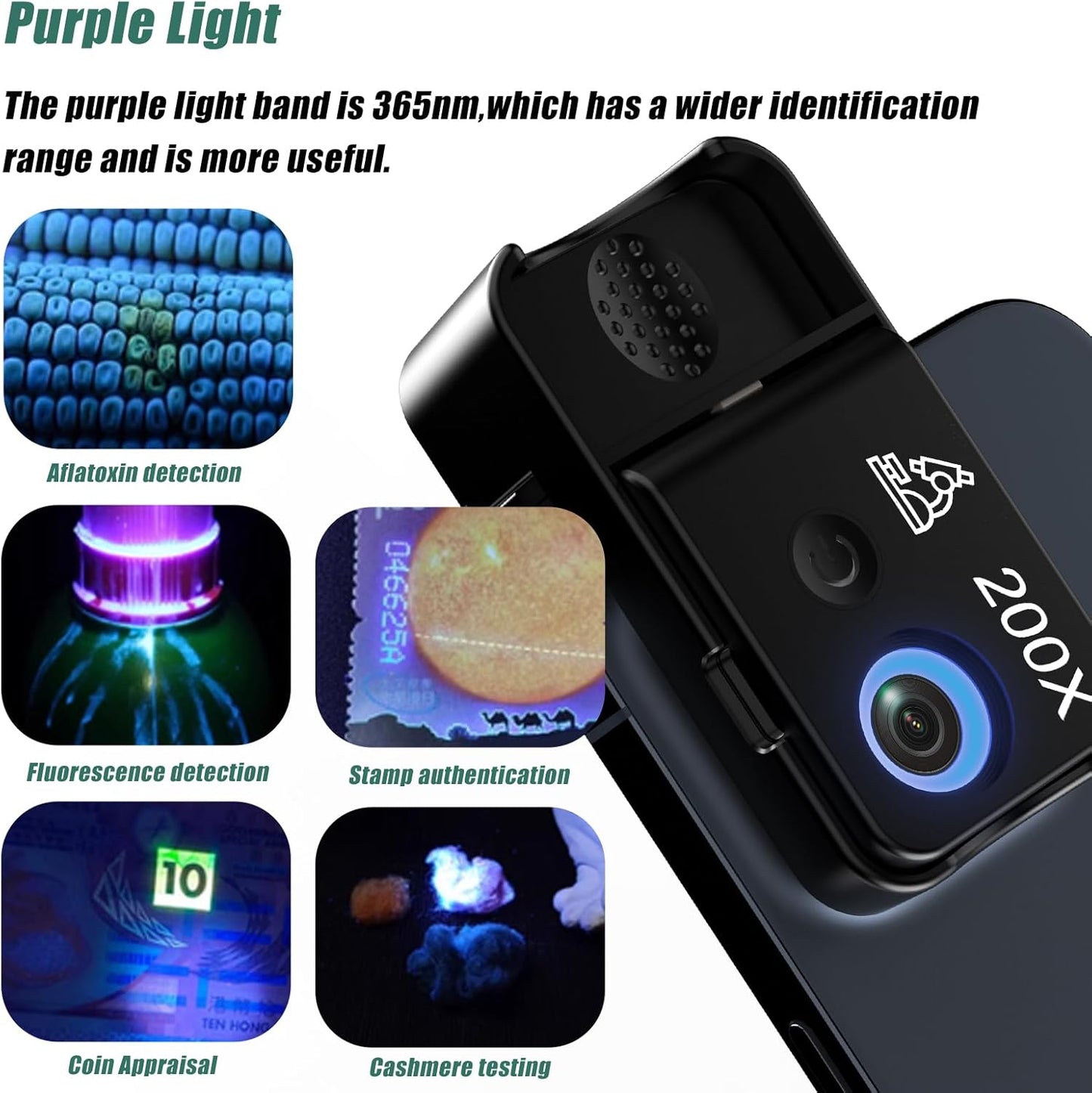 Phone Microscope 200X Pocket Magnifier Camera with CPL Lens/Lights, Zoom Universal Portable Phone Microscope with Clip for 99% Phone, Perfect for Coin/Stamp/Plant Inspection