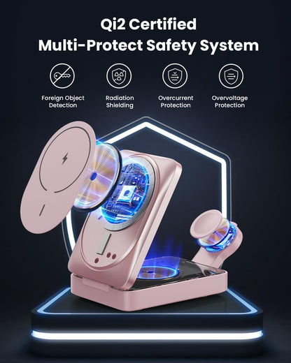 3-in-1 Wireless Charger Charging Station for iPhone, Qi2 Certified 15W Fast Charging Foldable Magnetic Charger Stand with 30W USB C Adapter for MagSafe iPhone 16/15/14/13/12, Apple Watch, AirPods