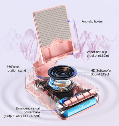 Gifts for Men Women, Phone Stand with Bluetooth Speaker and Charging Function 360° Rotable Angel Adjustable Cell Phone Holder with HD Stereo Sound Fits All Phones,Tablet (Pink)