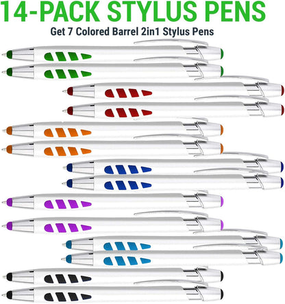 Stylus Pens - 2 in 1 Touch Screen & Writing Pen, Sensitive Stylus Tip - for Most Touchscreen Devices - Assorted Barrel Colors, Black Ink, 14 Pack