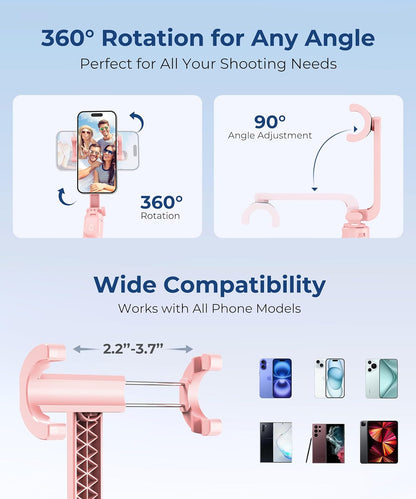 67‘’ Selfie Stick Tripod, Phone Tripod with Wireless Remote Control, Portable Selfie Stick for Photograph, Live Streaming, Video Recording, Compatible with All Cell Phones, Pink