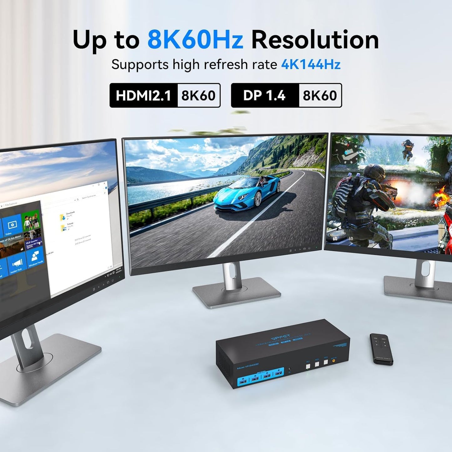 4K144Hz HDMI + 2 Displayport KVM Switch 3 Monitors 3 Computers 8K USB 3.0 KVM Switches Triple Monitor for 3 Computer Share 3 Screens and 4 USB 3.0 Ports Support Extended/Copy Mode