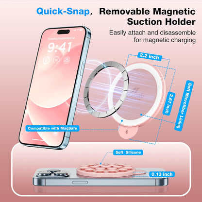 Magnetic Suction Cup Phone Mount for MagSafe Case, Silicone Hands-Free Grip Holder for iPhone and Android, Mirror Shower Phone Stand for Makeup FaceTime Gym Kitchen Bathroom, Peach Pink