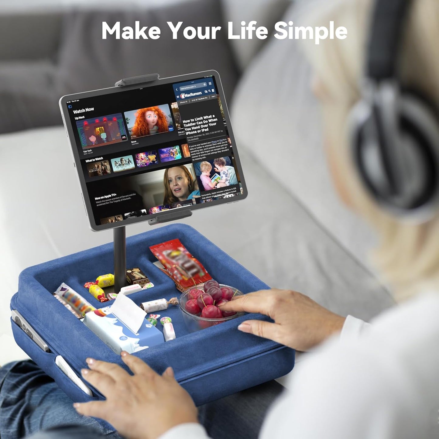 KDD Tablet Pillow Holder - 360°Adjustable iPad Pillow Stand for Lap, Bed and Desk - Gooseneck Tablet Soft Pad Dock with Storage Tray and Pocket Compatible with iPad Pro 12.9, Air Mini, Phone,(Blue)