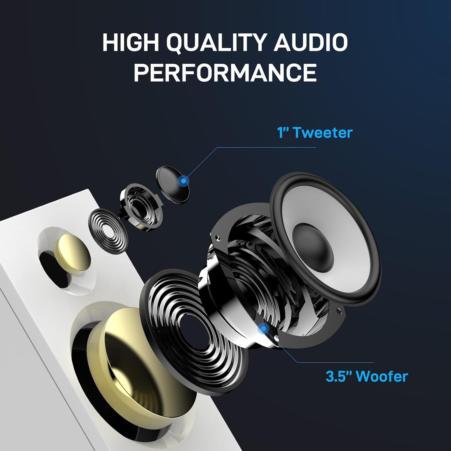 BT16 Active Bookshelf Speakers 3.5" Woofer with 1" Tweeter, 60W RMS-Bluetooth 5.3, Built-in 24bit DAC Dynamic 3D 2.0 Surround Sound, Computer Gaming PC Speakers - White