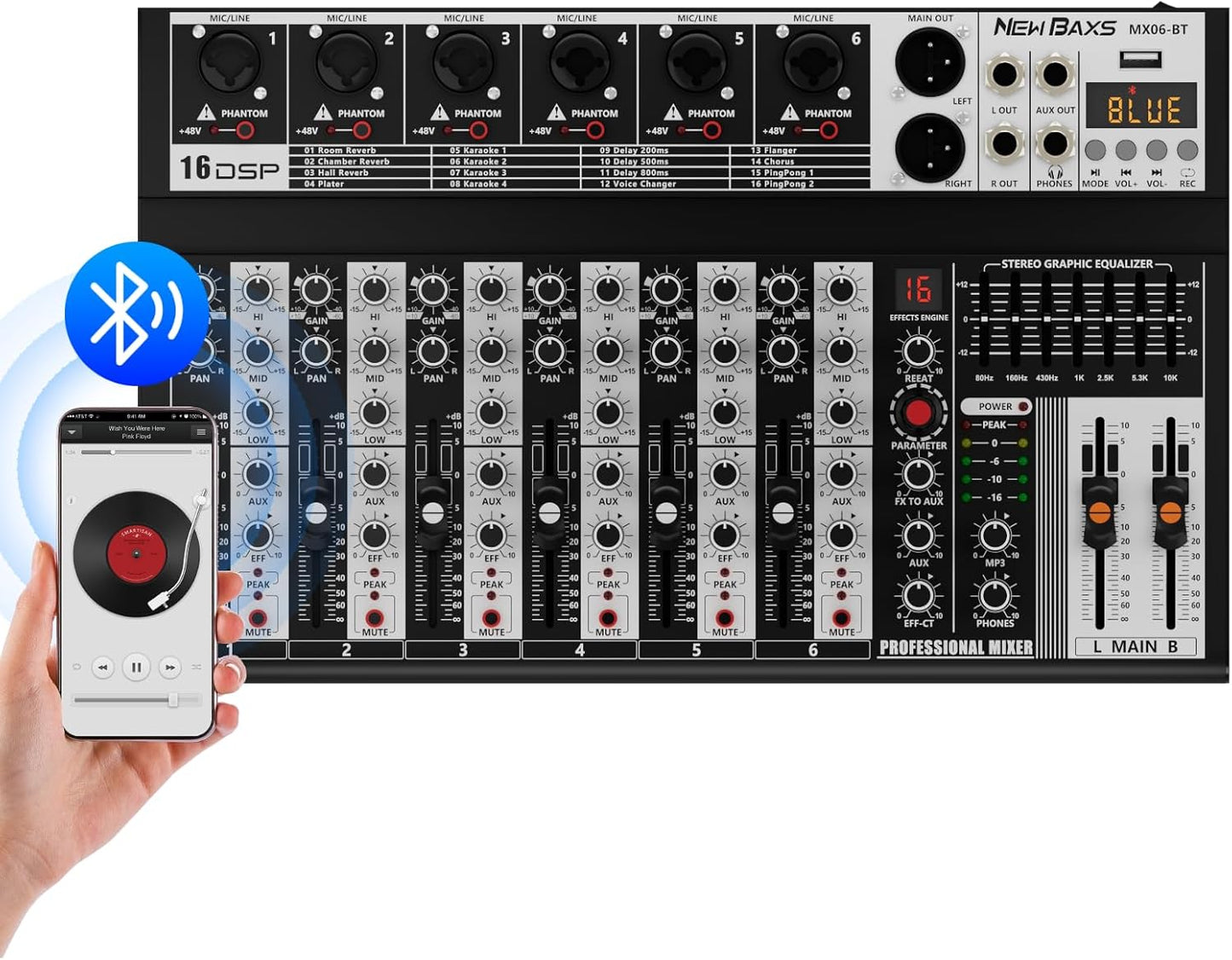 Professional Audio Mixer,6 Channel Audio Interface Sound Board Mixing Console System with Monitor,16 DSP DJ Bluetooth Mixer Reverb Effect +48V Phantom For Karaoke Studio Streaming Recording