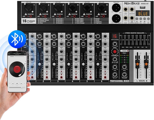 Professional Audio Mixer,6 Channel Audio Interface Sound Board Mixing Console System with Monitor,16 DSP DJ Bluetooth Mixer Reverb Effect +48V Phantom For Karaoke Studio Streaming Recording