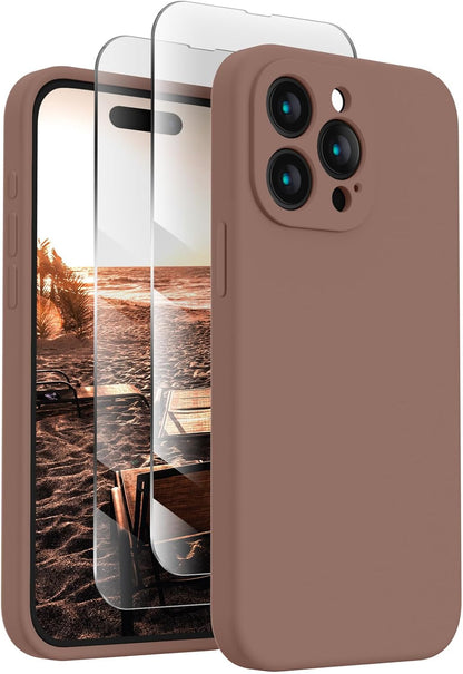 FireNova Designed for iPhone 15 Pro Max Case, Silicone Upgraded [Camera Protection] Phone Case with [2 Screen Protectors], Soft Anti-Scratch Microfiber Lining Inside, 6.7 inch, Light Brown