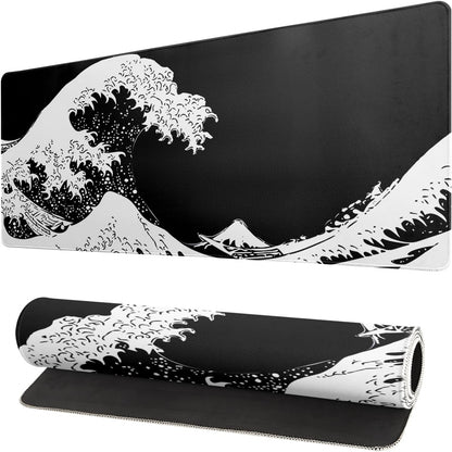 Japanese Sea Wave Large Mouse Pad, Abstract Black Gaming Mousepad, Extended Kanagawa Mat Desk Pad, 3mm Thick Long Non-Slip Rubber Base Mice Pad for Office and Home, 31.5x11.8 Inch