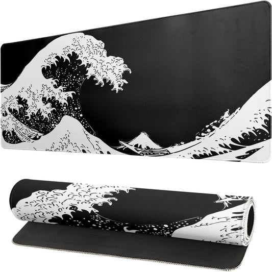 Japanese Sea Wave Large Mouse Pad, Abstract Black Gaming Mousepad, Extended Kanagawa Mat Desk Pad, 3mm Thick Long Non-Slip Rubber Base Mice Pad for Office and Home, 31.5x11.8 Inch