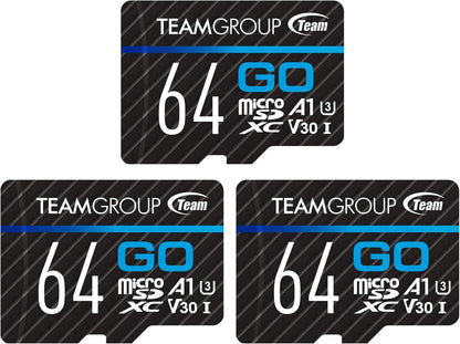 TEAMGROUP GO Card 64GB x 3 Pack Micro SDXC UHS-I U3 V30 4K for GoPro & Drone & Action Cameras High Speed Flash Memory Card with Adapter for Outdoor Sports, 4K Shooting, Nintendo-Switch TGUSDX64GU362