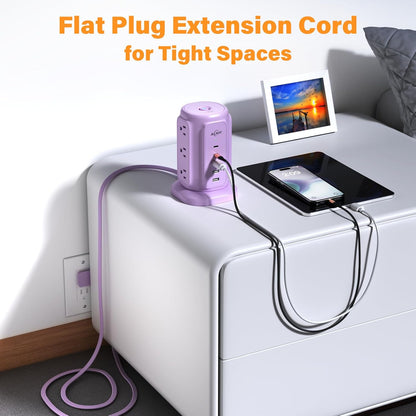 AiJoy Flat Plug Power Strip Tower with 9 Outlets and 5 USB Ports (2 USB C), 1200J Surge Protection with 1625W Extension Cord with Multiple Outlets for Dorm Home Office Supplies, Purple