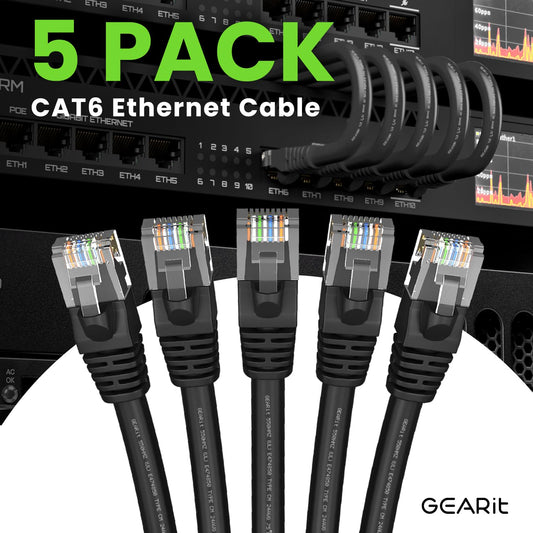 GEARit Cat 6 Ethernet Cable Pack - 5-Pack 6 ft Cat6 Ethernet Patch Cables | RJ45 Network Patch Cable, 10 Gbps Snagless Gold-Plated Connectors - Ethernet Cable Cat 6 for PC, TV, Router - Black