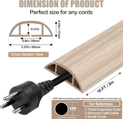 Floor Cord Cover Cavity 0.8"x0.37" Self Adhesive Cord Hider, 10FT Low Profile Cable Management, Extension Strip Protector for Wires, Prevent Cable Trips for Offices, Gyms,(Wood Light Yellow)