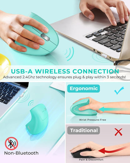 Lekvey Ergonomic Mouse, Vertical Wireless Mouse Rechargeable 2.4 GHz Optical Carpal Tunnel Mouse : 800/1200 / 1600 DPI, 6 Buttons, for Laptop, PC, Computer, Desktop, Notebook etc, Green