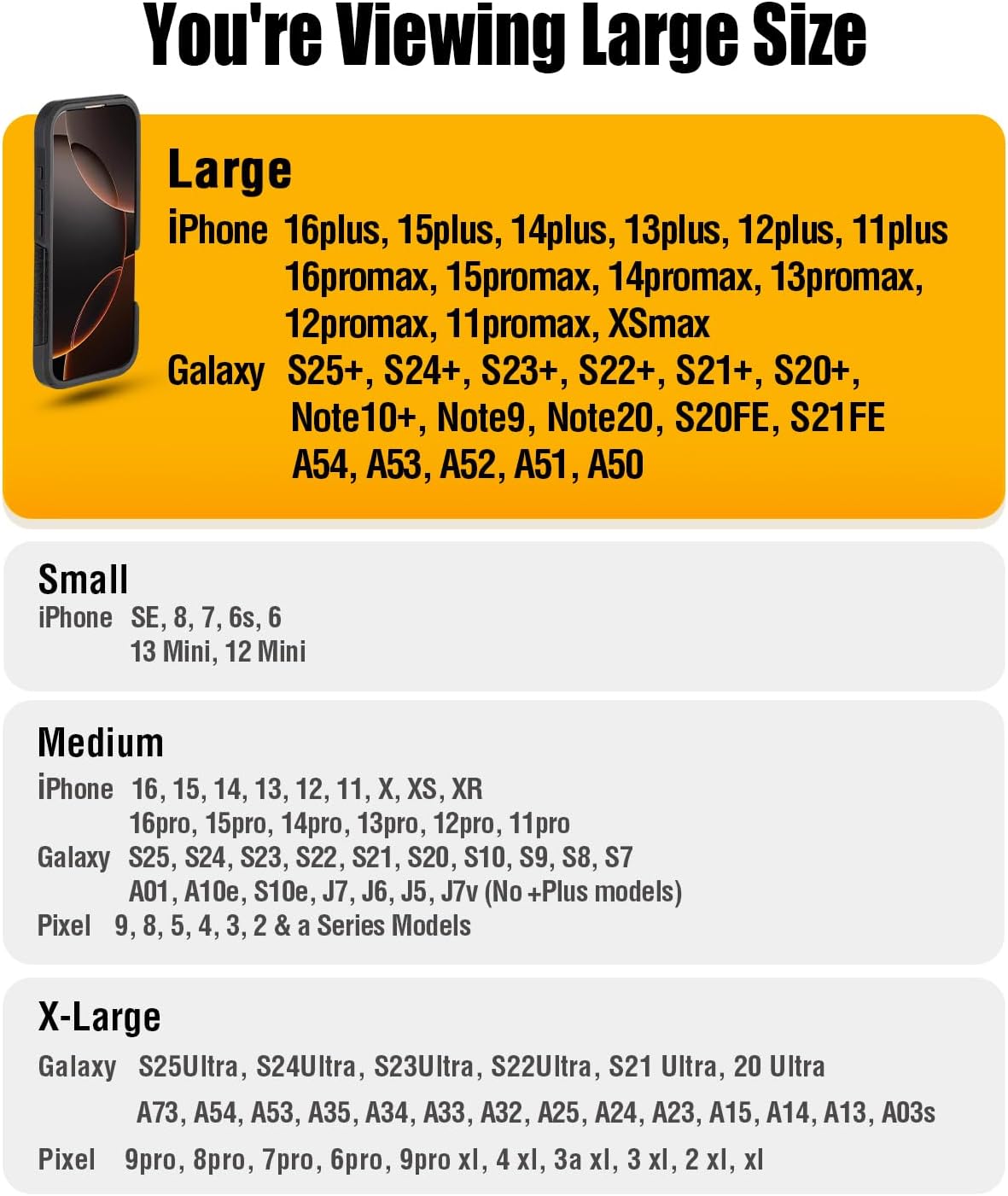 PiTau Holster for iPhone Pro Max & Plus 16, 15, 14, 13, 12, 11, 8, 7, 6, 6s, XS Max, Men's Cell Phone Case with Belt Clip ID Card Holder for Samsung Galaxy S25+, Fits with Case Cover on, Pewter Large