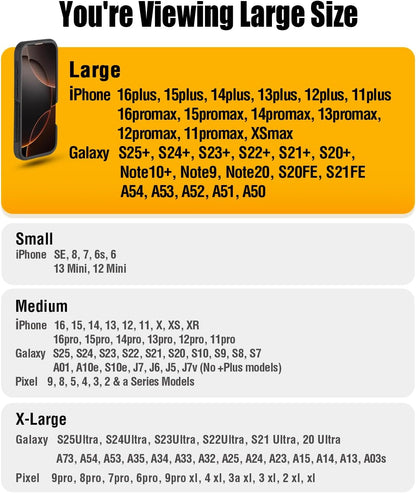 PiTau Holster for iPhone Pro Max & Plus 16, 15, 14, 13, 12, 11, 8, 7, 6, 6s, XS Max, Men's Cell Phone Case with Belt Clip ID Card Holder for Samsung Galaxy S25+, Fits with Case Cover on, Pewter Large