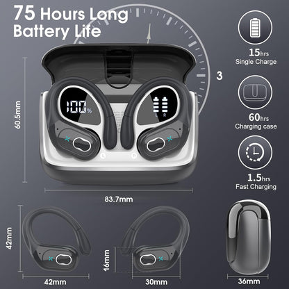 Wireless Earbuds 75hrs Bluetooth 5.4 Headphone Sport, 2025 Bluetooth Earbuds Stereo Deep Bass Over Ear Bud with Earhooks, ENC Noise Cancelling Mic, IPX7 Waterproof Earphone, Iron Gray
