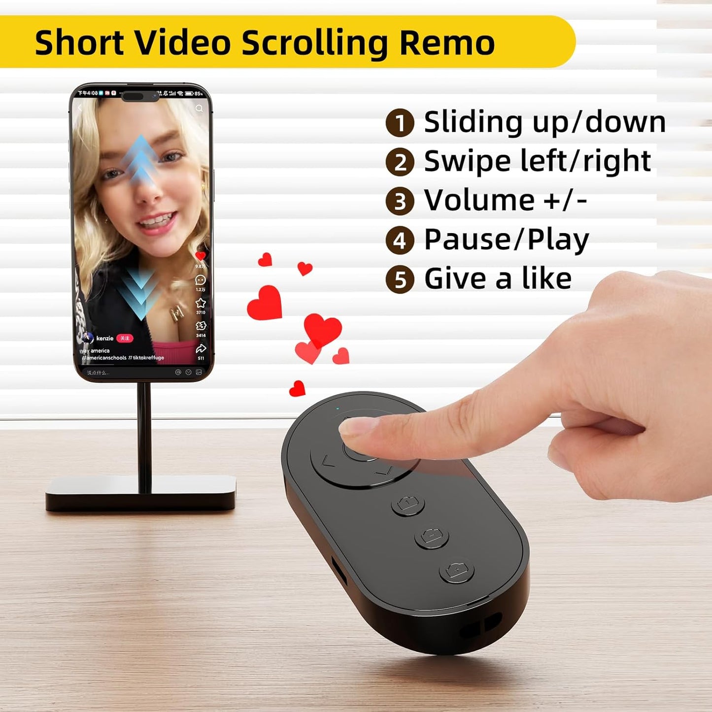Bluetooth Camera Remote Shutter with Zoom and Camera Switch for Photo and Vlogging, Cellphone Remote Clicker for iOS & Android Smartphone, Wireless Video Scrolling with Metal Phone Stand for Tiktok