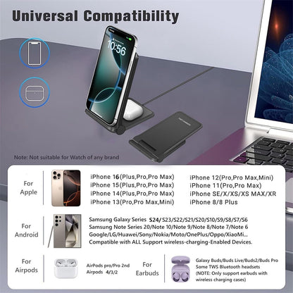 2 in 1 Wireless Charger,Foldable 20W Fast Wireless Charging Stand Compatible with iPhone 16/16 Pro/15/14/13/12/X/AirPods,Dual Phone Induction Charge Station for Samsung,Pixel,Xperia,LG(No Plug)