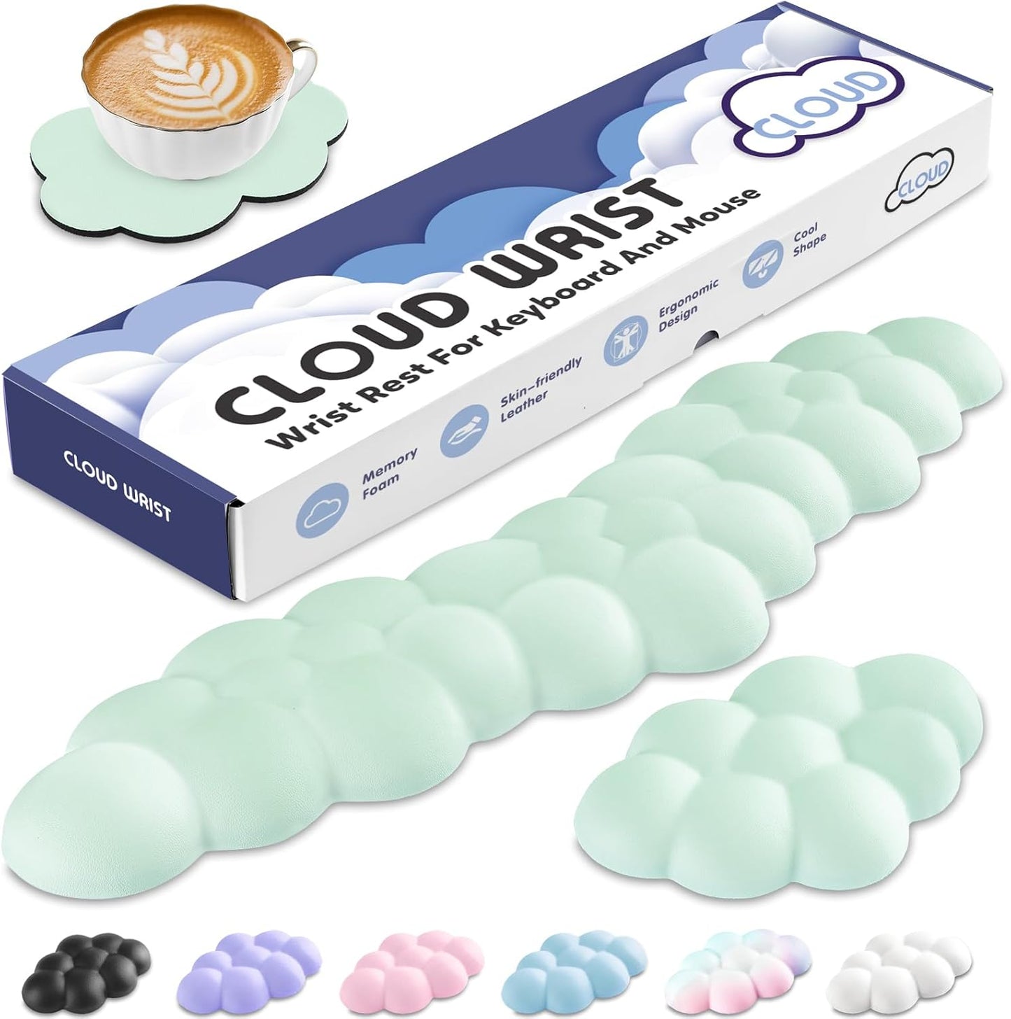 Cloud Wrist Rest for Keyboard and Mouse, Memory Foam PU Leather Keyboard Wrist Rest with Ergonomic Support, Non-Slip Base, Cute Arm Rest Pad & Palm Cushion, Office Desk Accessory, Light Green