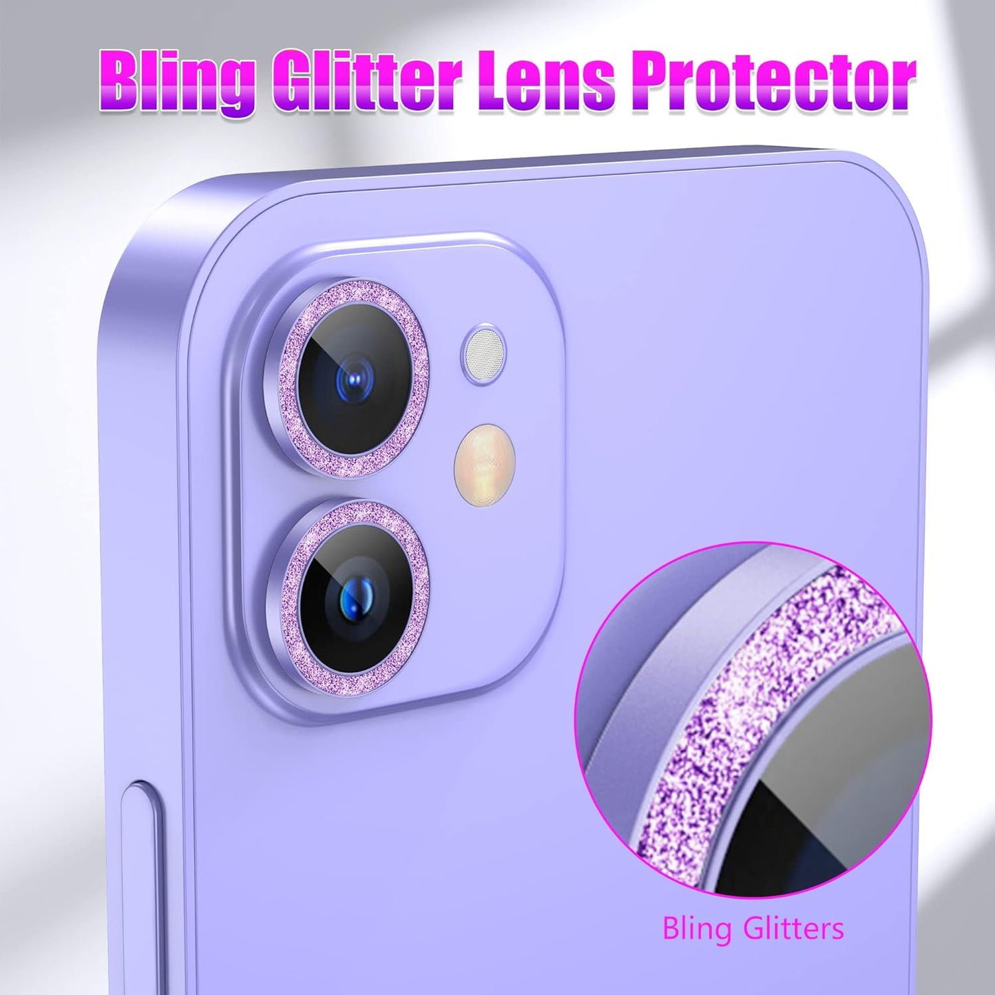 AGVEE 3+3 6 Pack Camera Lens Cover Protector for iphone 12 Series & 11 Series - Bling Diamond & Glitter Metal Ring 9H Tempered HD Glass, Purple
