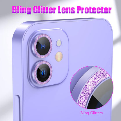 AGVEE 3+3 6 Pack Camera Lens Cover Protector for iphone 12 Series & 11 Series - Bling Diamond & Glitter Metal Ring 9H Tempered HD Glass, Purple