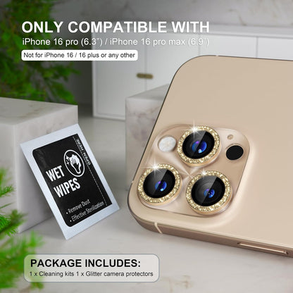 Choiche Compatible for iPhone 16 Pro/iPhone 16 Pro Max Camera Lens Protector, Bling Camera Cover with 9H Tempered Glass Lens Screen Protector Metal Ring Decoration Accessories (Clear-Titanium Desert)