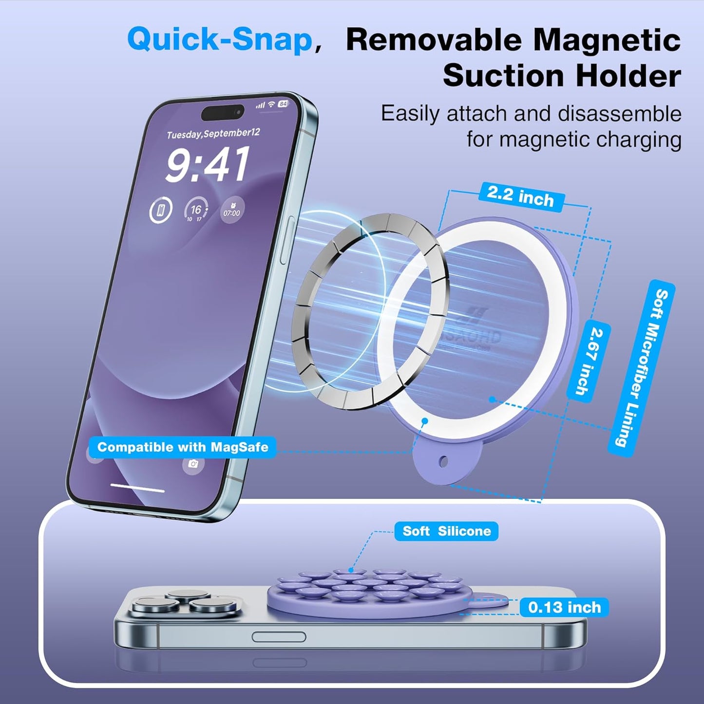 Magnetic Suction Cup Phone Mount for MagSafe Case, Silicone Hands-Free Grip Holder for iPhone and Android, Mirror Shower Phone Stand for Makeup FaceTime Gym Kitchen Bathroom, Lavender