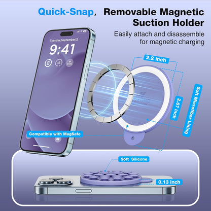 Magnetic Suction Cup Phone Mount for MagSafe Case, Silicone Hands-Free Grip Holder for iPhone and Android, Mirror Shower Phone Stand for Makeup FaceTime Gym Kitchen Bathroom, Lavender