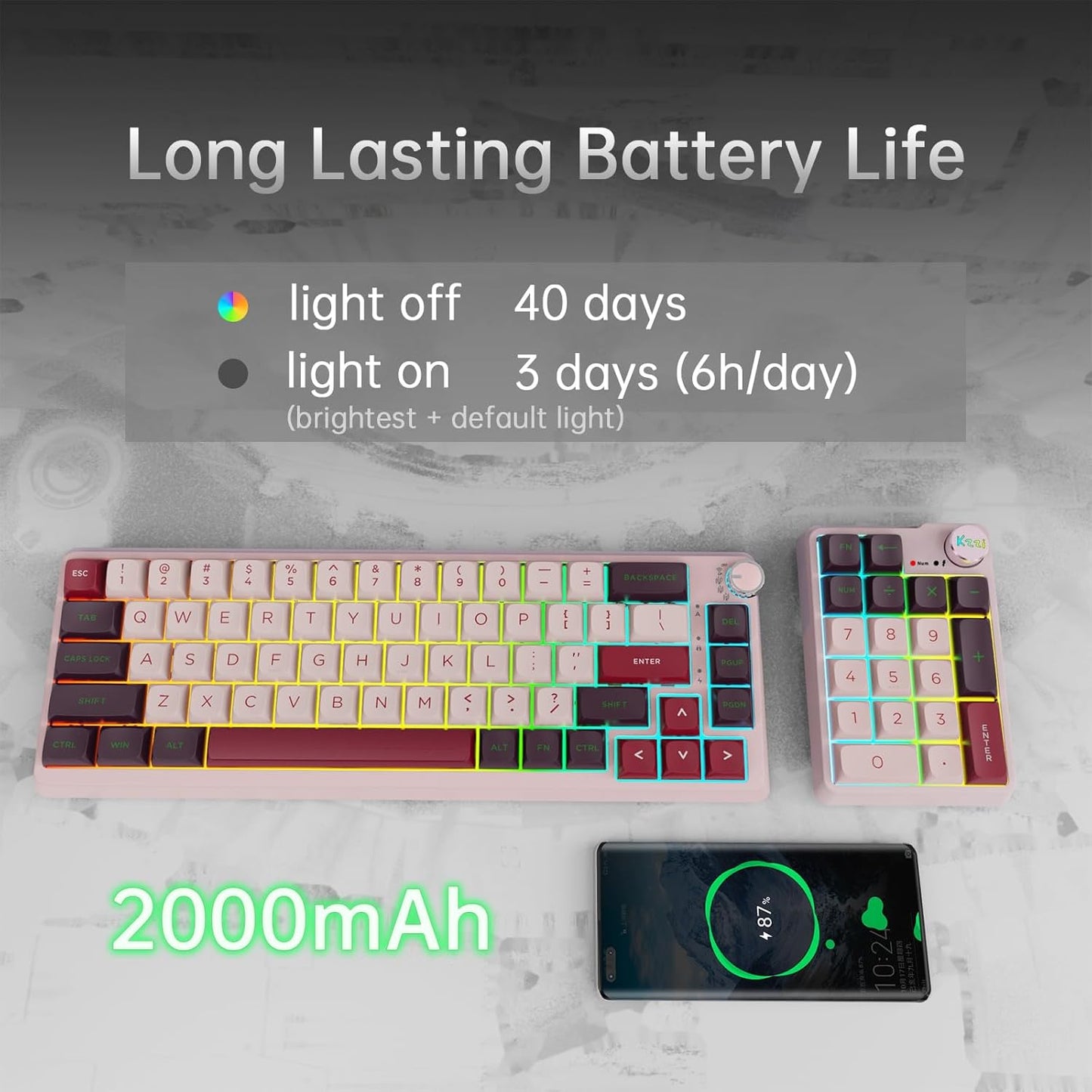 K68 Pro Gaming Keyboard, Layout Compact Wireless Mechanical Keyboard, Gasket Hot Swappable Custom BT 5.0/2.4G/USB-C Office Keyboard for Windows Mac (Purple-White, Eternity Tactile Switch)