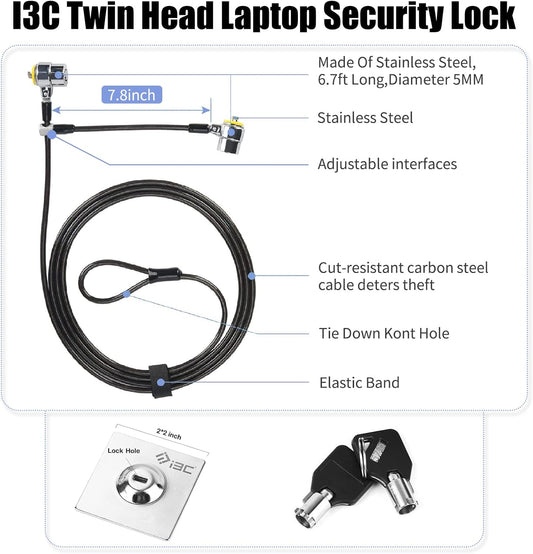 I3C Laptop Lock, Combination Security Lock Cable with Keys and Anchor Plate, Anti Theft Lock for Business Electronics, Monitors, Tablets, Smart Phones (2 Laptop Locks Head)