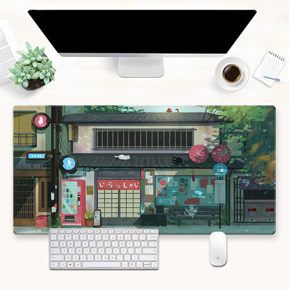 Kawaii Anime Cat Gaming Desk Mat Pad XL Large Mouse Pad (31.5"x15.7") Mouse & Keyboard Desk Pad with Stitched Edge, Vibrant Green Design for Home Office & Computer Gaming Setup