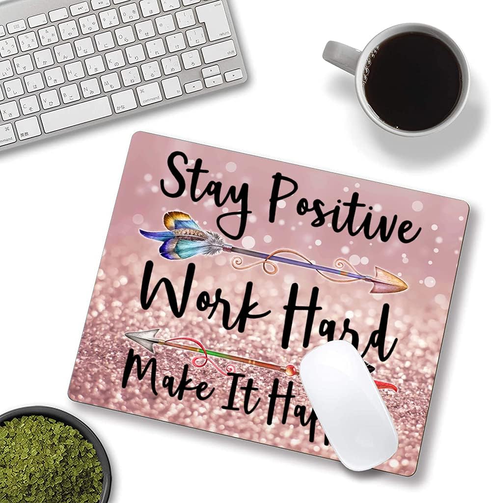 Inspirational Quotes Glitter Mouse Pad - Custom Design, Square Waterproof Non-Slip Rubber Base Mouse Pad for Office Laptop, Stay Positive Work Hard