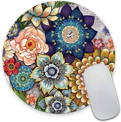 Round Mouse Pad, Boho Floral Mouse Pad, Washable Round Mousepad with Lycra Cloth, Non-Slip Rubber Base Computer Mouse Pads for Wireless Mouse