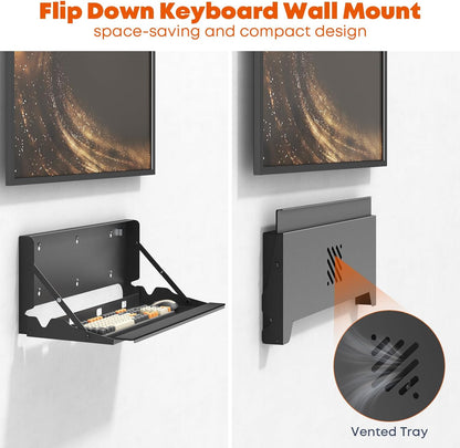 Flip Down Keyboard Tray Wall-Mount - 24 Inch Computer Keyboard and Mouse Platform Tray, Space Saving Design, Mouse Pad and Wrist Pad Included, Holds Up to 22 lbs, Black