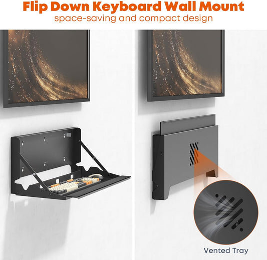 Flip Down Keyboard Tray Wall-Mount - 24 Inch Computer Keyboard and Mouse Platform Tray, Space Saving Design, Mouse Pad and Wrist Pad Included, Holds Up to 22 lbs, Black