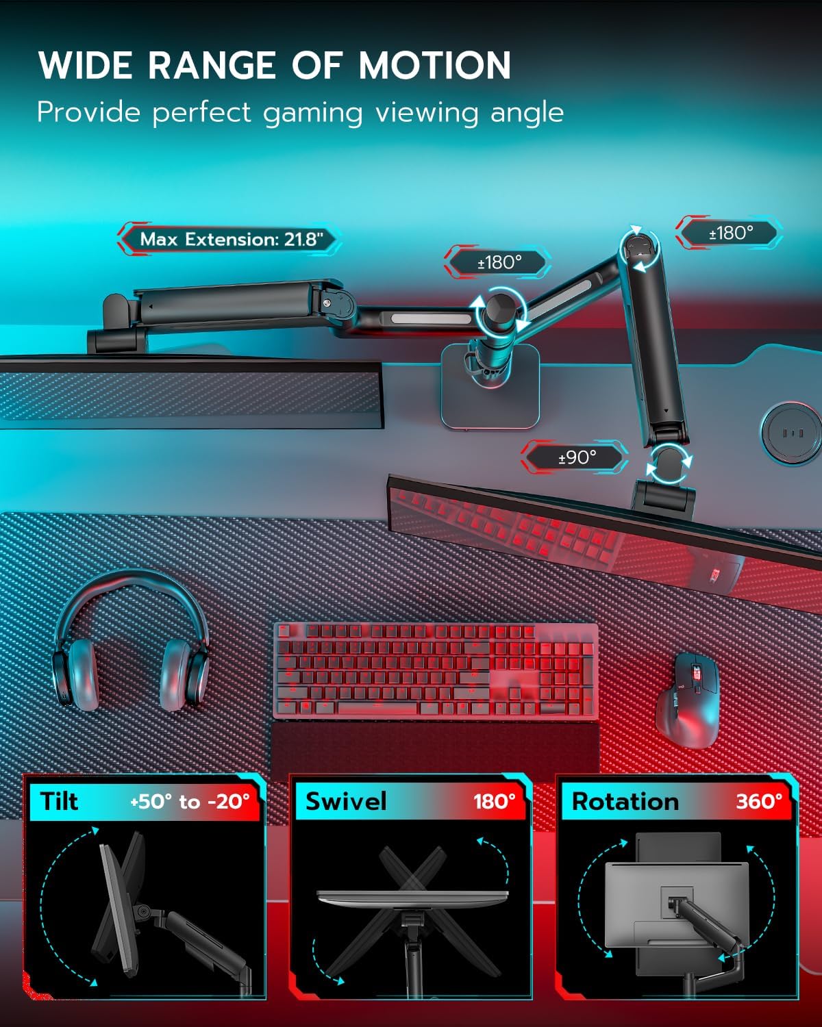 Vertical Dual Monitor Mount for 17-49 Inch Ultrawide Heavy Duty Curved Screen Stacking, Computer Monitor Arm Desk Mount with USB, Gas Spring Adjustable Vesa Stand, Black