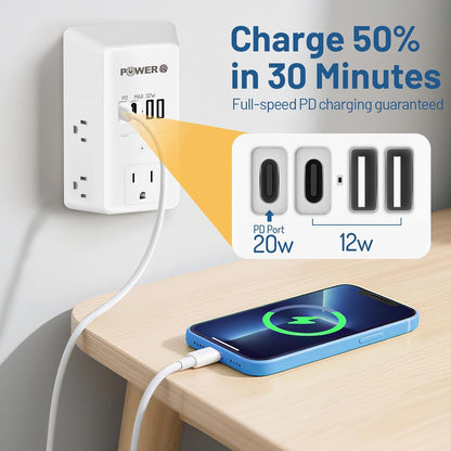 20W PD Fast Charging Wall Outlet with USB Ports (2C2A), Electrical Outlet Extender, Surge Protector, Wall Plug Adapter for Multiple Devices, Wall Socket Expander