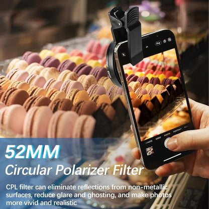 52MM Circular Polarizer Filter for Phone, Clip-on CPL Phone Camera Lens Filter Compatible with iPhone 16 15 14 13 and Other Smart Phones, Ultra Slim Multi-Coated CPL Lens Filter with Case